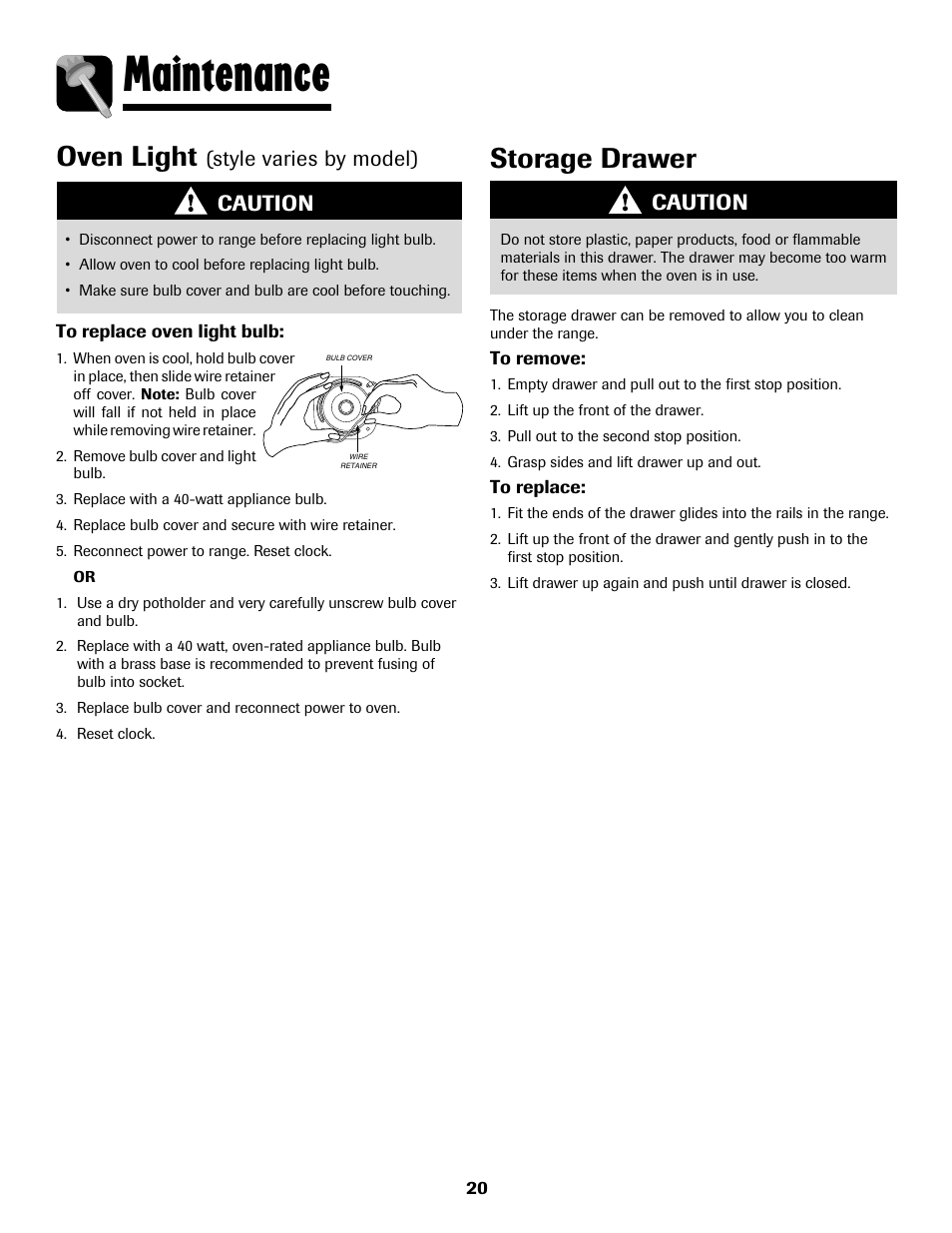 Maintenance, Storage drawer, Oven light | Caution, Style varies by model) | Maytag 8113P768-60 User Manual | Page 21 / 76