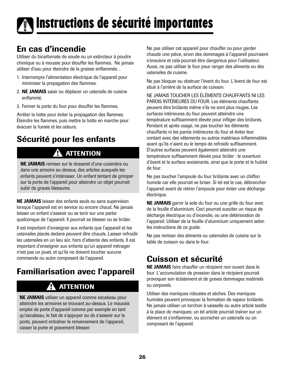 Instructions de sécurité importantes, En cas d’incendie, Sécurité pour les enfants | Cuisson et sécurité, Familiarisation avec l’appareil | Maytag 8113P768-60 User Manual | Page 27 / 76
