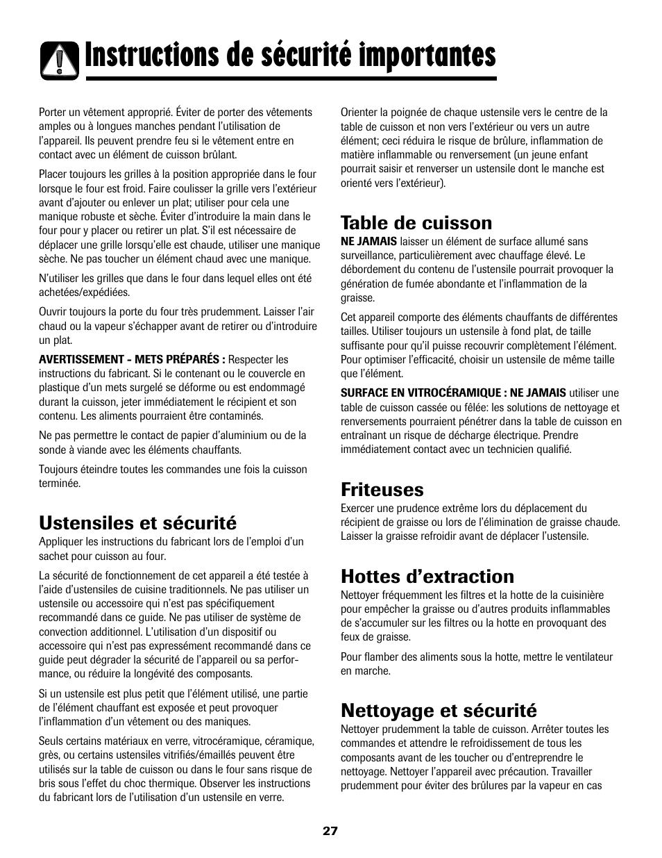 Instructions de sécurité importantes, Ustensiles et sécurité, Table de cuisson | Friteuses, Hottes d’extraction, Nettoyage et sécurité | Maytag 8113P768-60 User Manual | Page 28 / 76