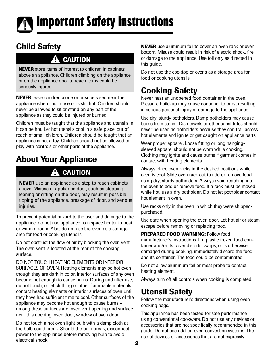 Important safety instructions, About your appliance, Cooking safety | Child safety utensil safety | Maytag 8113P768-60 User Manual | Page 3 / 76