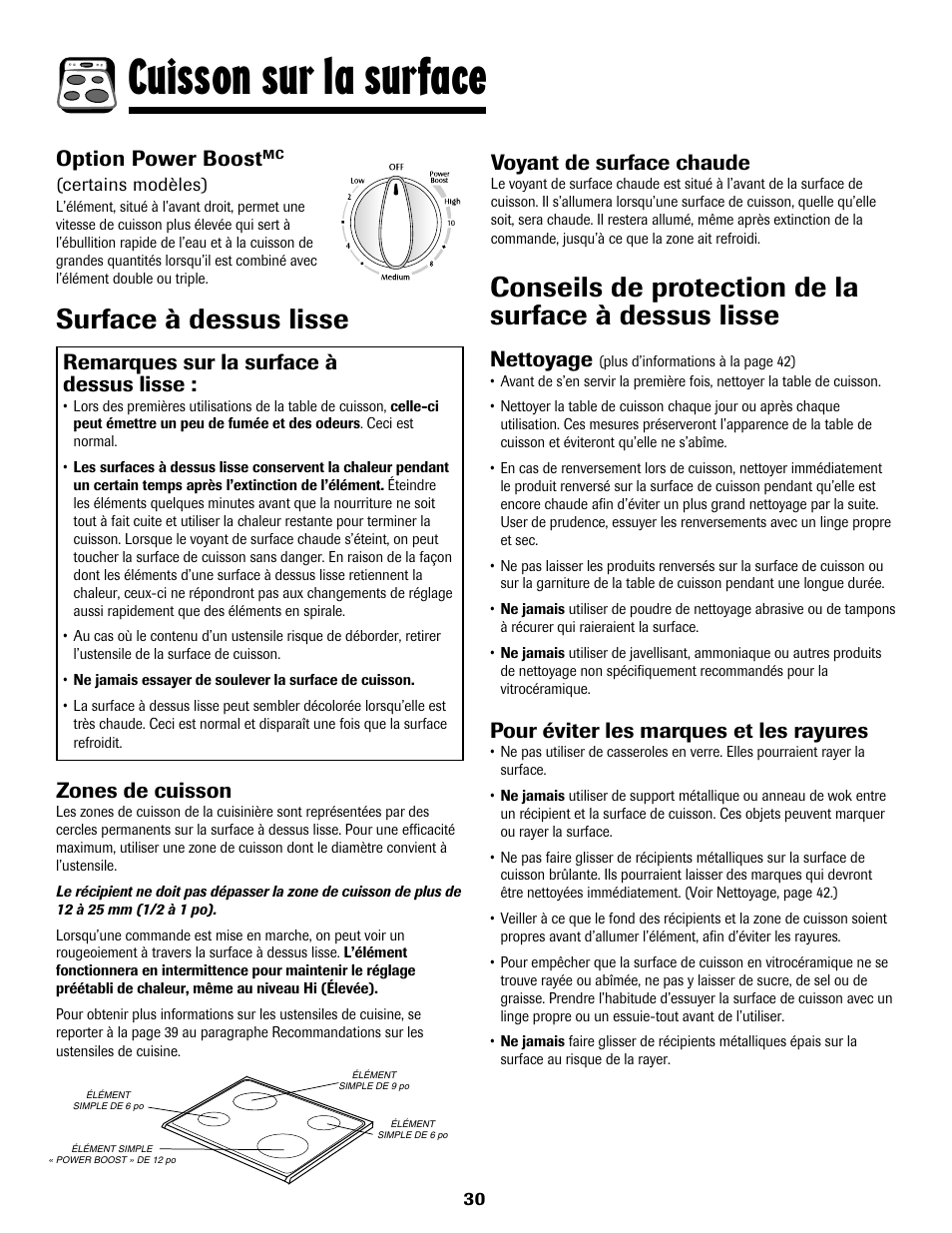 Cuisson sur la surface, Surface à dessus lisse, Remarques sur la surface à dessus lisse | Zones de cuisson, Voyant de surface chaude, Nettoyage, Pour éviter les marques et les rayures, Option power boost | Maytag 8113P768-60 User Manual | Page 31 / 76