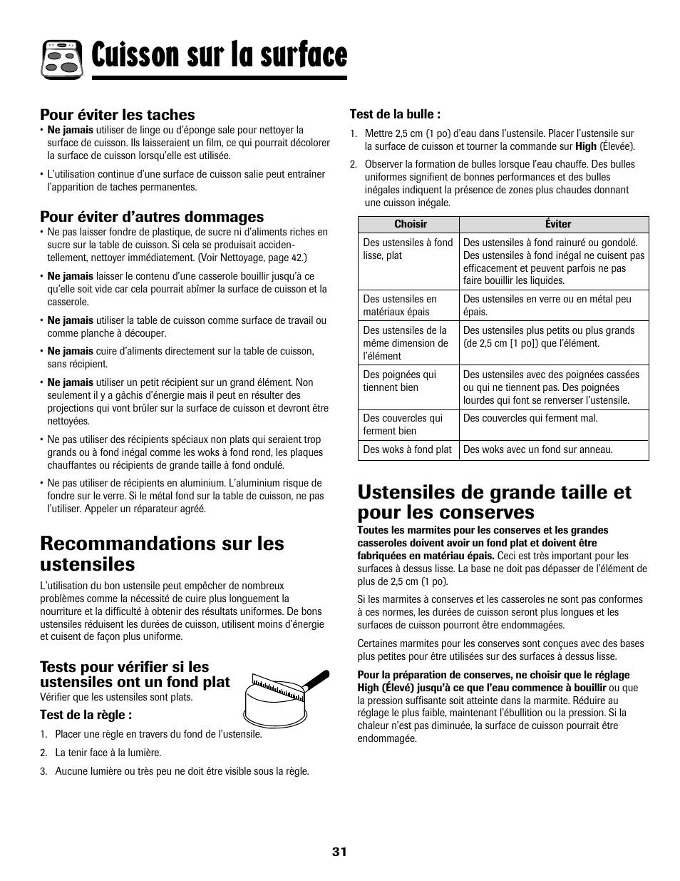 Cuisson sur la surface, Recommandations sur les ustensiles, Ustensiles de grande taille et pour les conserves | Pour éviter les taches, Pour éviter d’autres dommages | Maytag 8113P768-60 User Manual | Page 32 / 76