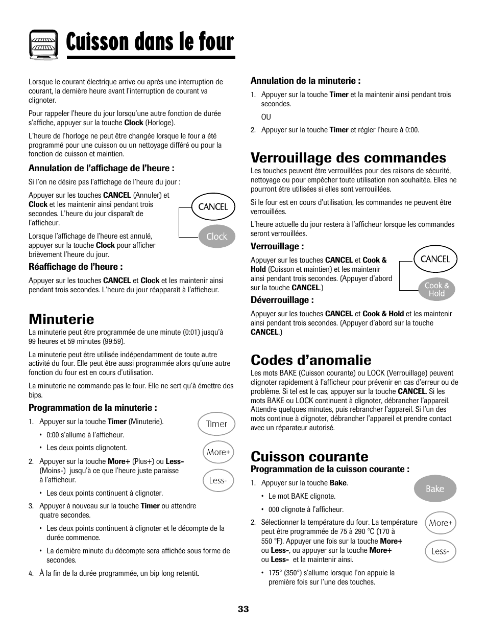 Cuisson dans le four, Minuterie, Verrouillage des commandes | Codes d’anomalie, Cuisson courante | Maytag 8113P768-60 User Manual | Page 34 / 76