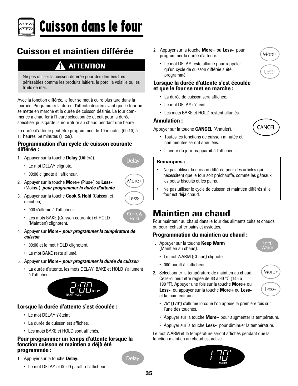 Cuisson dans le four, Cuisson et maintien différée, Maintien au chaud | Attention | Maytag 8113P768-60 User Manual | Page 36 / 76
