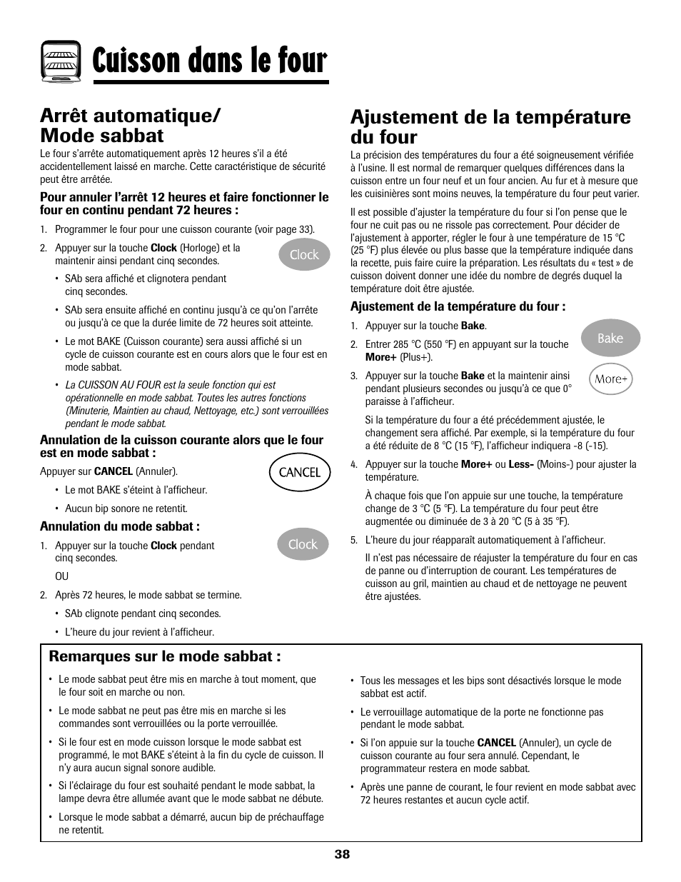 Cuisson dans le four, Arrêt automatique/ mode sabbat, Ajustement de la température du four | Remarques sur le mode sabbat | Maytag 8113P768-60 User Manual | Page 39 / 76