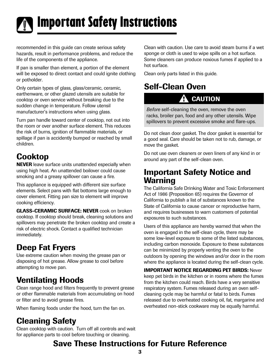 Important safety instructions, Self-clean oven, Important safety notice and warning | Cooktop, Deep fat fryers, Ventilating hoods, Cleaning safety, Save these instructions for future reference | Maytag 8113P768-60 User Manual | Page 4 / 76
