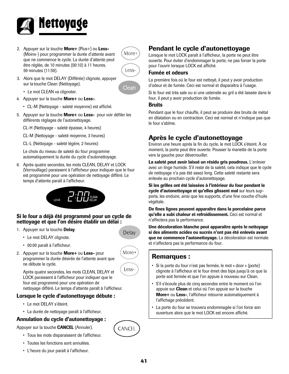 Nettoyage, Remarques, Pendant le cycle d’autonettoyage | Après le cycle d’autonettoyage | Maytag 8113P768-60 User Manual | Page 42 / 76
