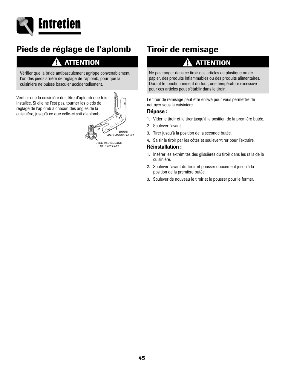 Entretien, Tiroir de remisage, Pieds de réglage de l’aplomb | Attention | Maytag 8113P768-60 User Manual | Page 46 / 76