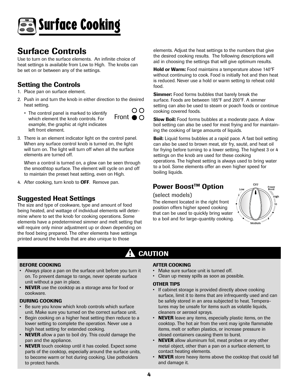Surface cooking, Surface controls, Setting the controls | Suggested heat settings, Caution, Front power boost, Option | Maytag 8113P768-60 User Manual | Page 5 / 76