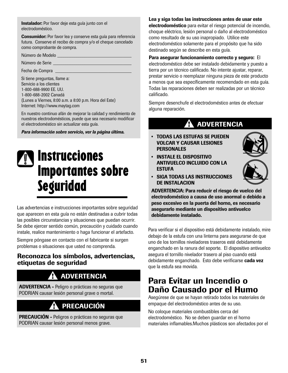 Instrucciones importantes sobre seguridad, Para evitar un incendio o daño causado por el humo | Maytag 8113P768-60 User Manual | Page 52 / 76