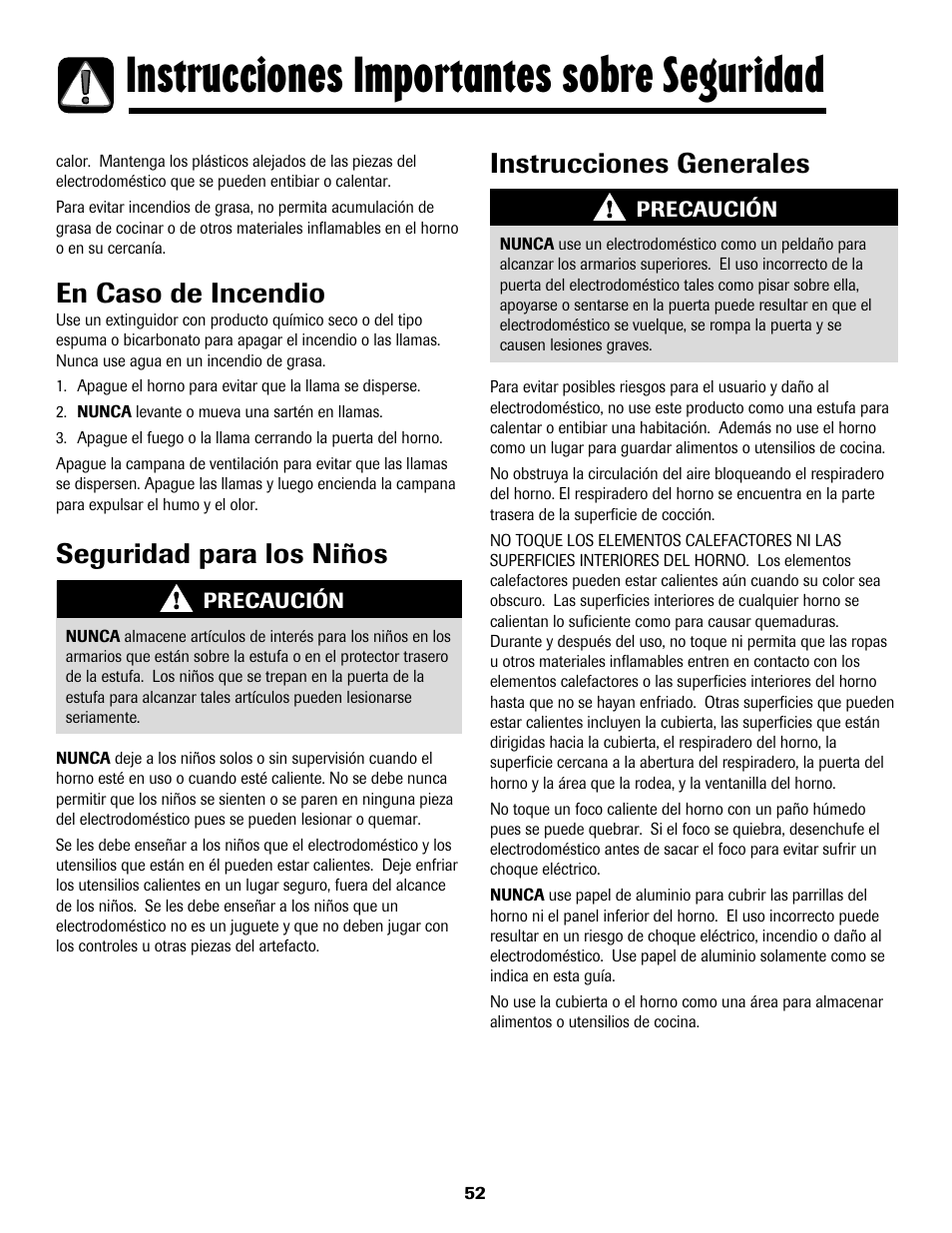 Instrucciones importantes sobre seguridad, En caso de incendio, Seguridad para los niños instrucciones generales | Maytag 8113P768-60 User Manual | Page 53 / 76