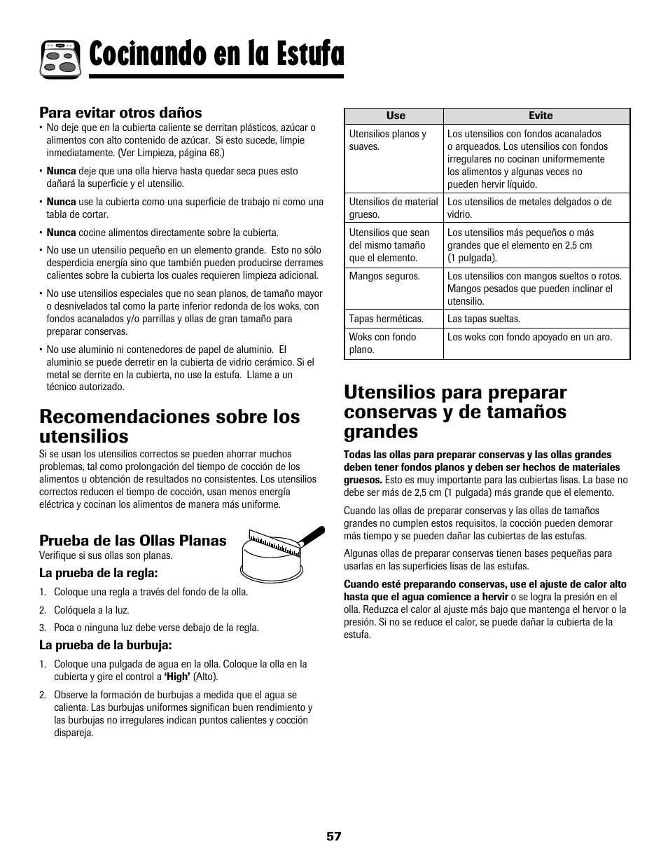Cocinando en la estufa, Recomendaciones sobre los utensilios, Para evitar otros daños | Prueba de las ollas planas | Maytag 8113P768-60 User Manual | Page 58 / 76