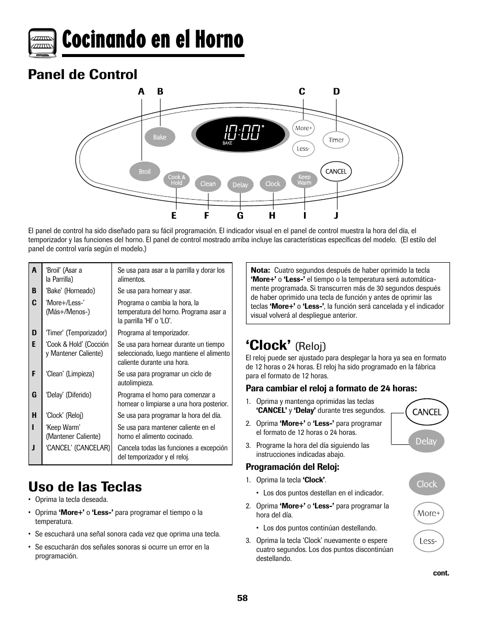 Cocinando en el horno, Panel de control, Clock | Uso de las teclas, Reloj) | Maytag 8113P768-60 User Manual | Page 59 / 76