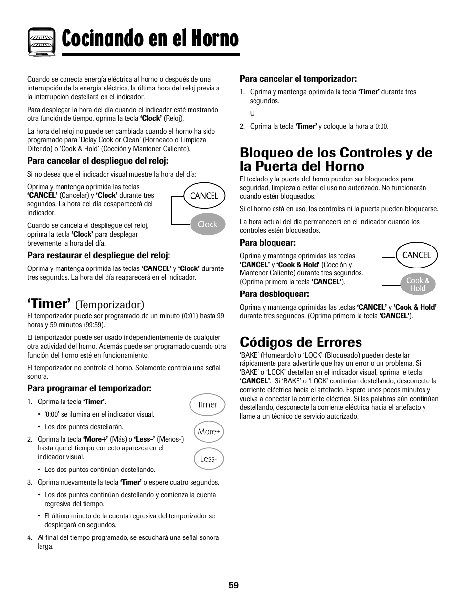 Cocinando en el horno, Timer, Bloqueo de los controles y de la puerta del horno | Códigos de errores, Temporizador) | Maytag 8113P768-60 User Manual | Page 60 / 76