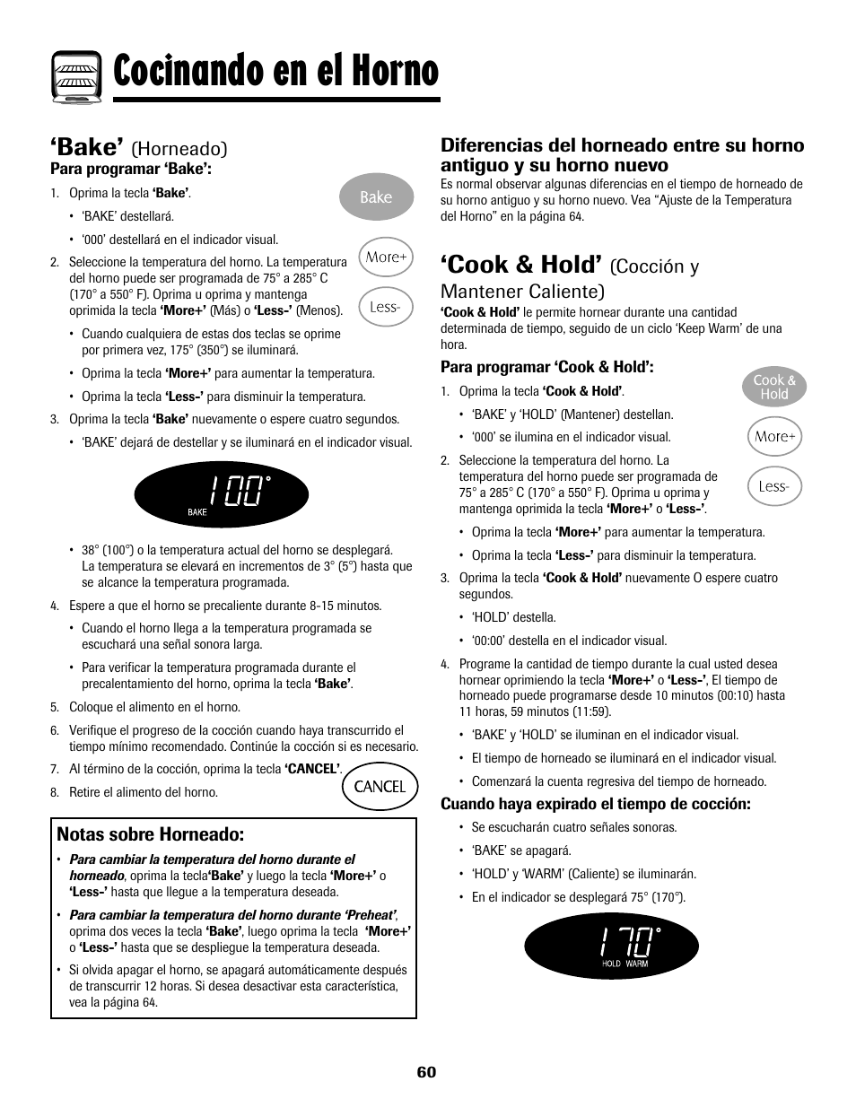 Cocinando en el horno, Bake, Cook & hold | Notas sobre horneado, Horneado), Cocción y mantener caliente) | Maytag 8113P768-60 User Manual | Page 61 / 76