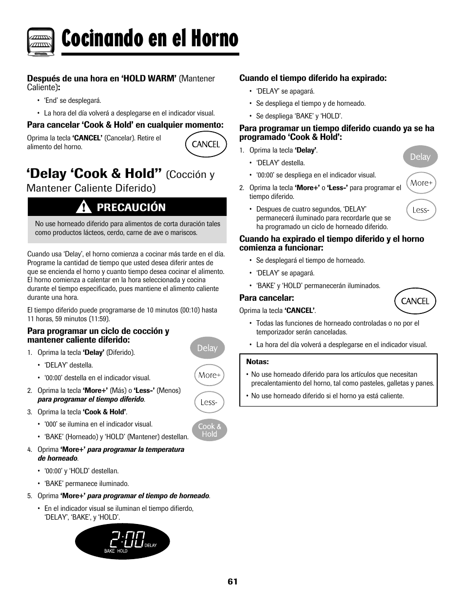 Cocinando en el horno, Delay ‘cook & hold, Cocción y mantener caliente diferido) | Precaución | Maytag 8113P768-60 User Manual | Page 62 / 76