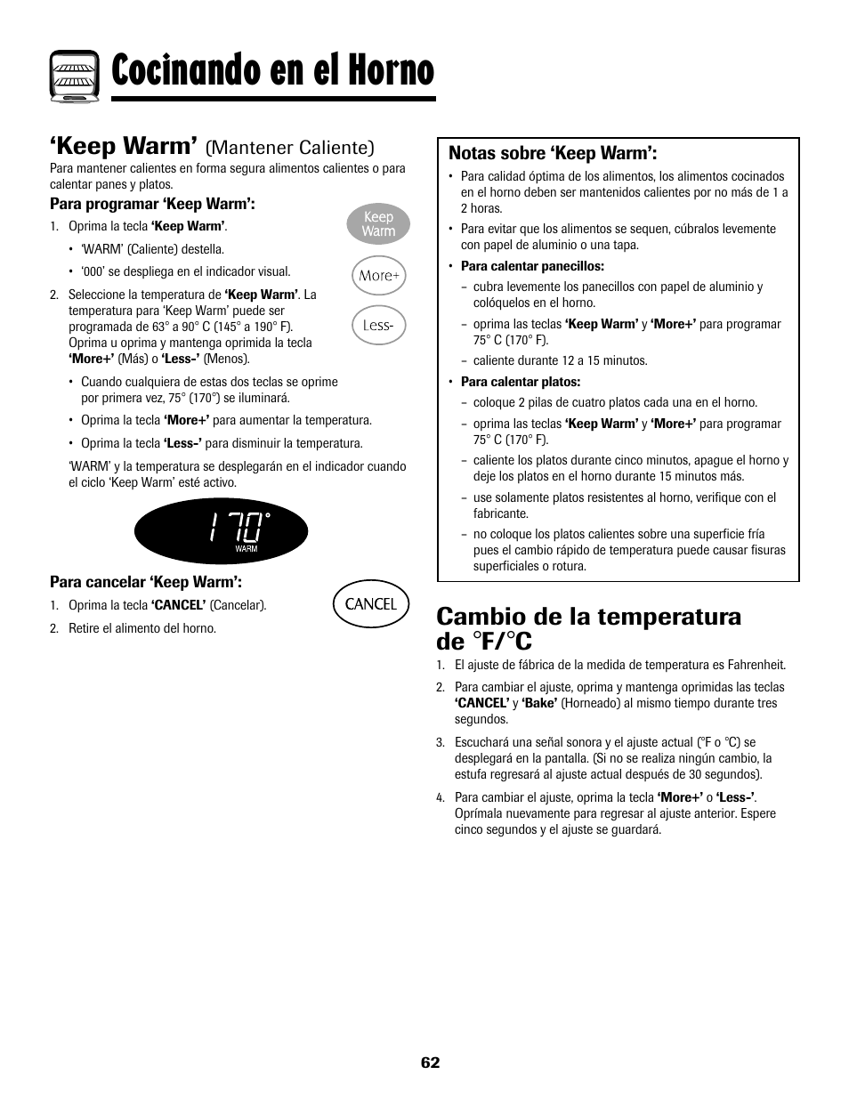 Cocinando en el horno, Keep warm, Cambio de la temperatura de | Maytag 8113P768-60 User Manual | Page 63 / 76