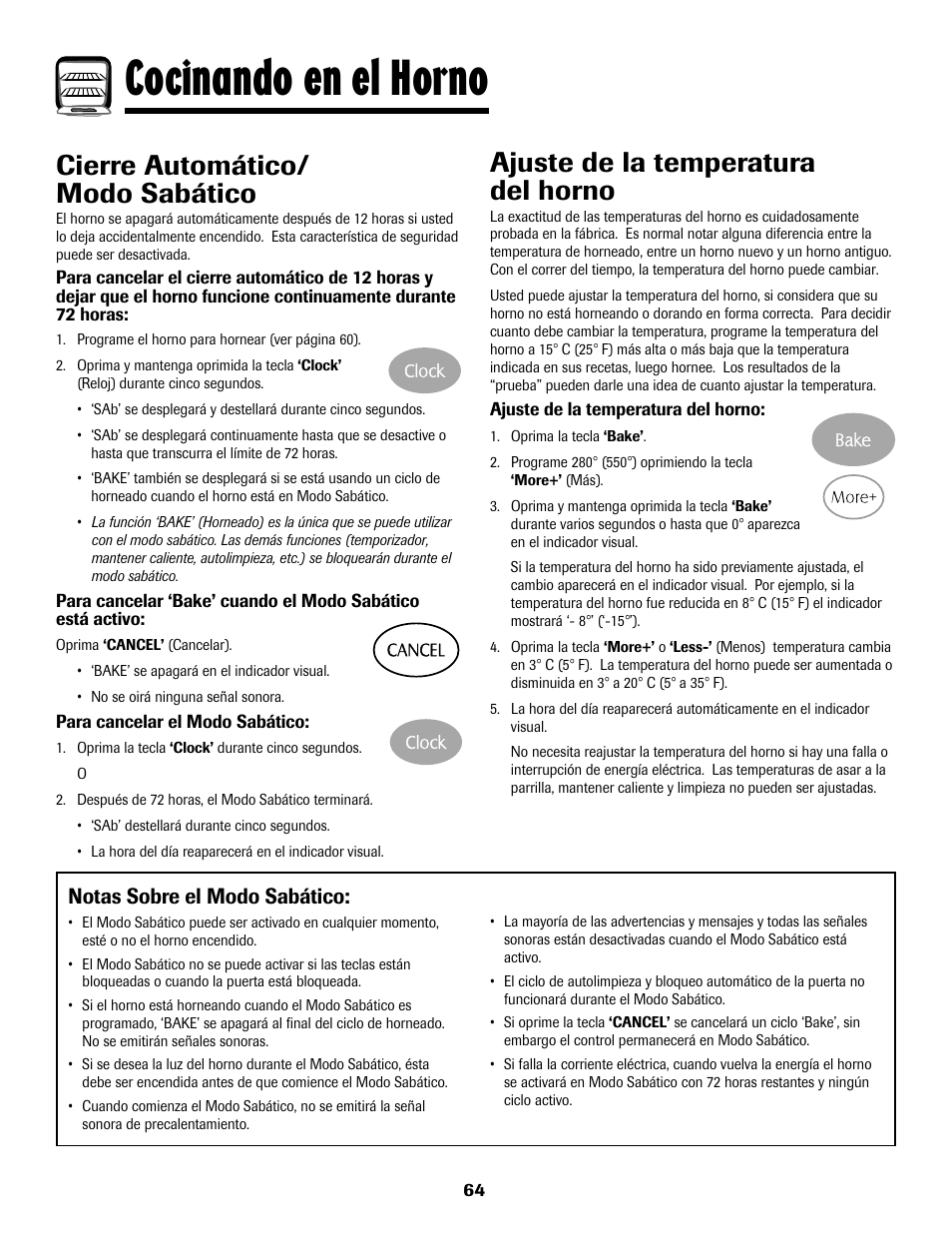 Cocinando en el horno, Cierre automático/ modo sabático, Ajuste de la temperatura del horno | Notas sobre el modo sabático | Maytag 8113P768-60 User Manual | Page 65 / 76