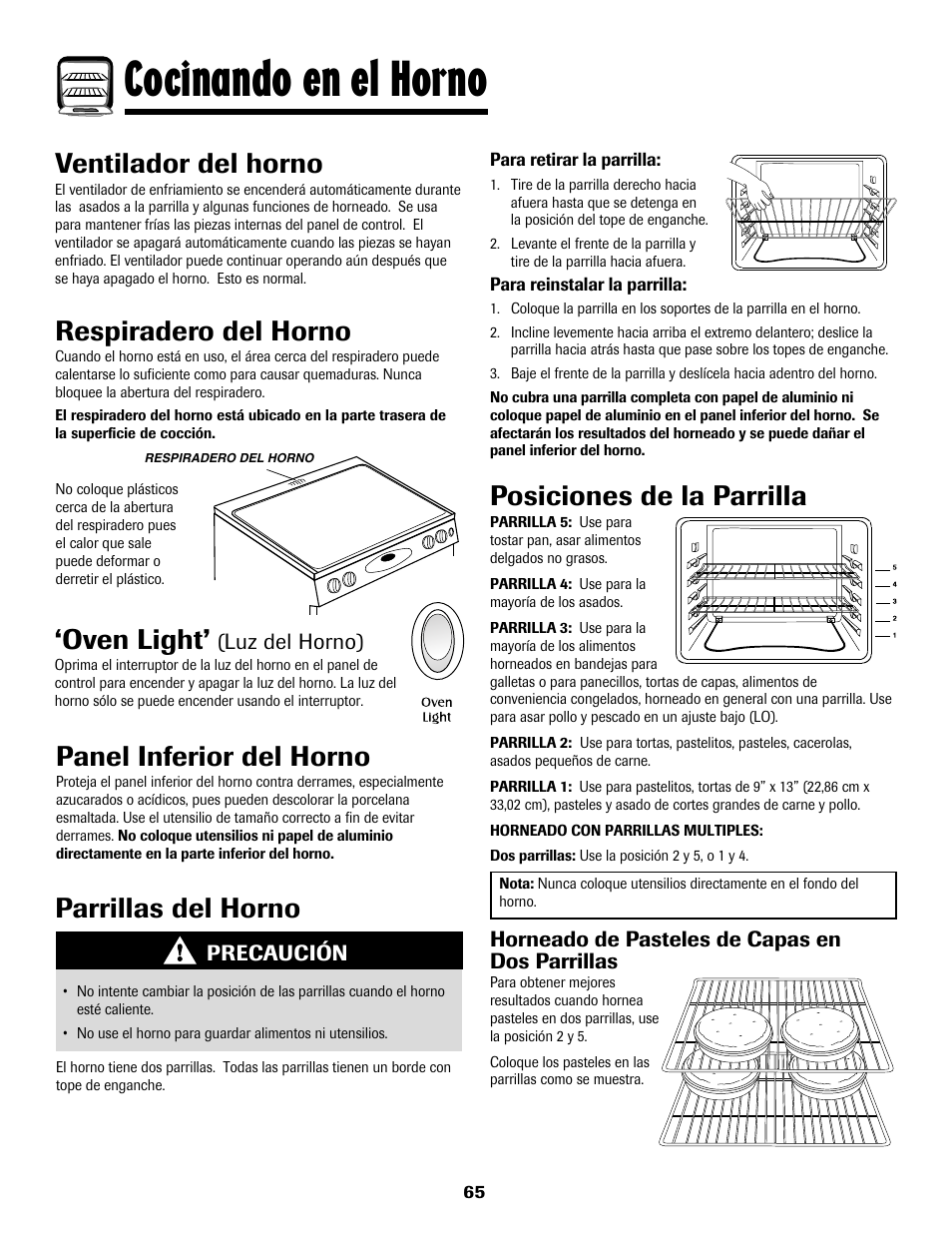 Cocinando en el horno, Panel inferior del horno, Parrillas del horno | Oven light, Ventilador del horno, Respiradero del horno, Posiciones de la parrilla | Maytag 8113P768-60 User Manual | Page 66 / 76