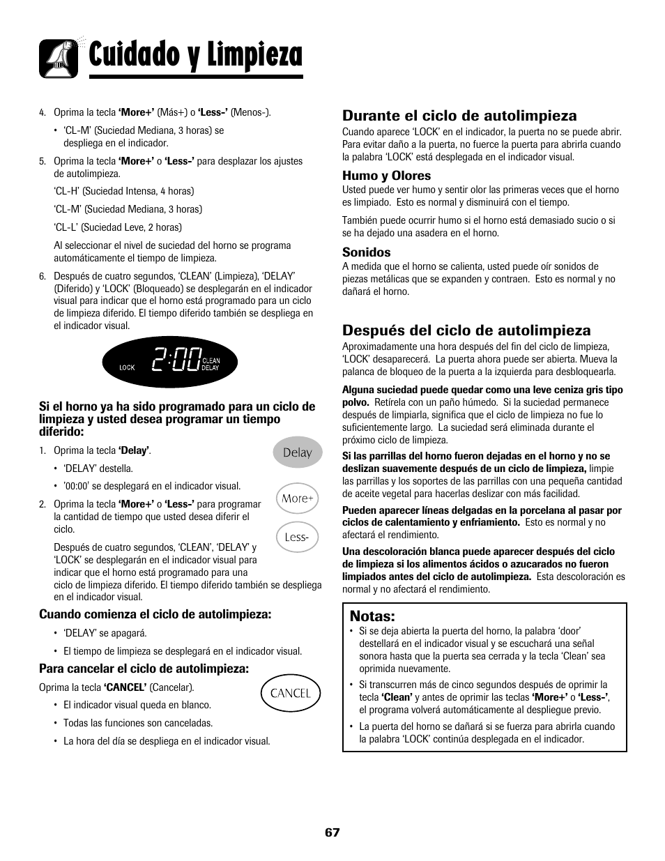Cuidado y limpieza, Notas, Durante el ciclo de autolimpieza | Después del ciclo de autolimpieza | Maytag 8113P768-60 User Manual | Page 68 / 76