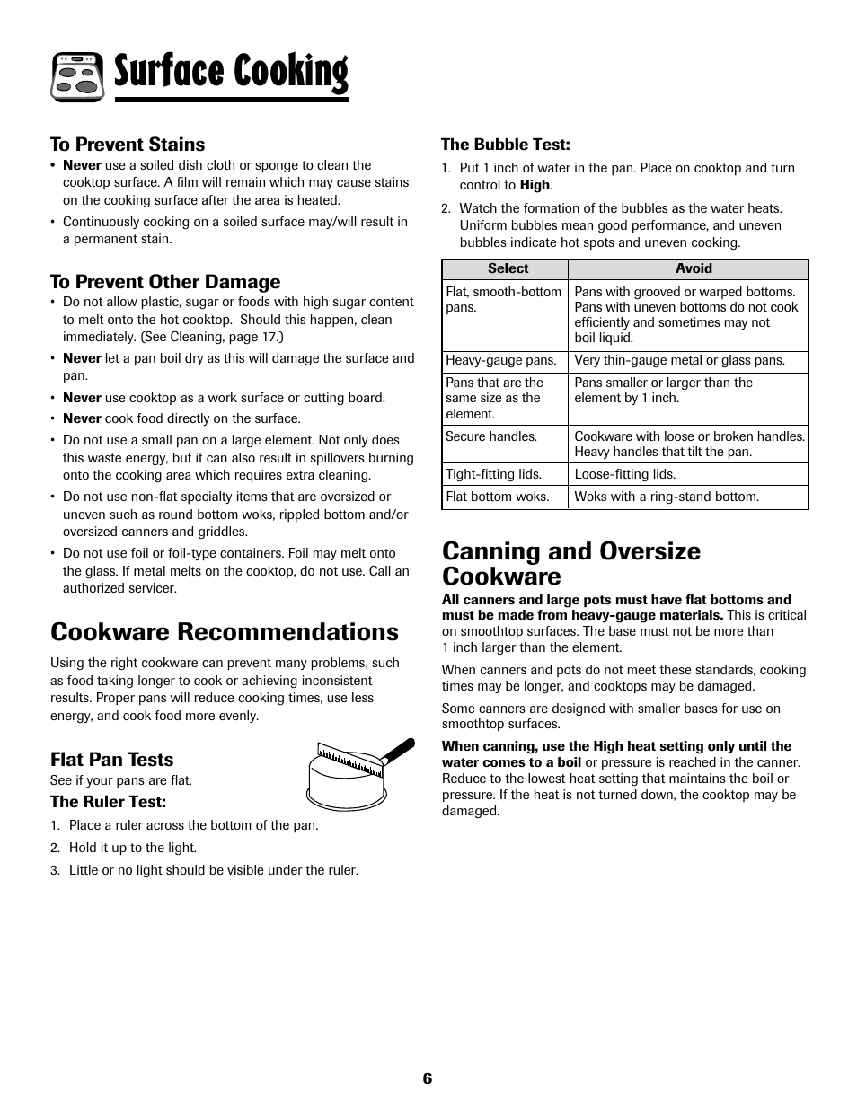 Surface cooking, Cookware recommendations, Canning and oversize cookware | Flat pan tests | Maytag 8113P768-60 User Manual | Page 7 / 76