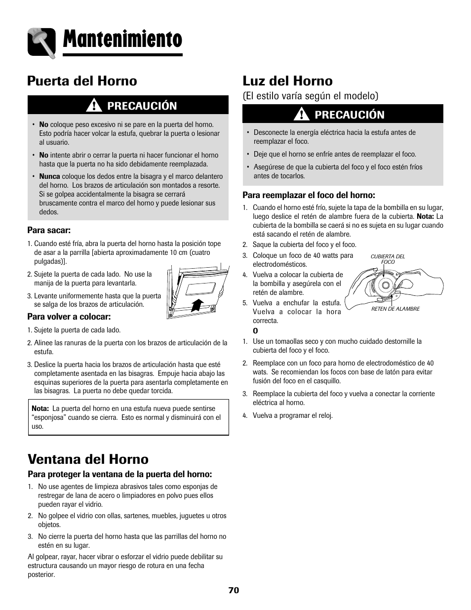 Mantenimiento, Ventana del horno, Puerta del horno | Luz del horno, Precaución, El estilo varía según el modelo) | Maytag 8113P768-60 User Manual | Page 71 / 76