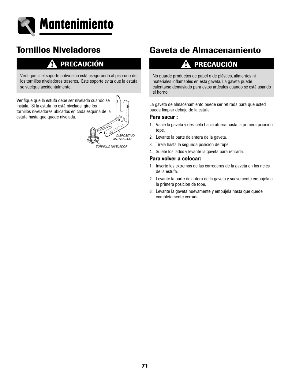 Mantenimiento, Tornillos niveladores, Gaveta de almacenamiento | Precaución | Maytag 8113P768-60 User Manual | Page 72 / 76