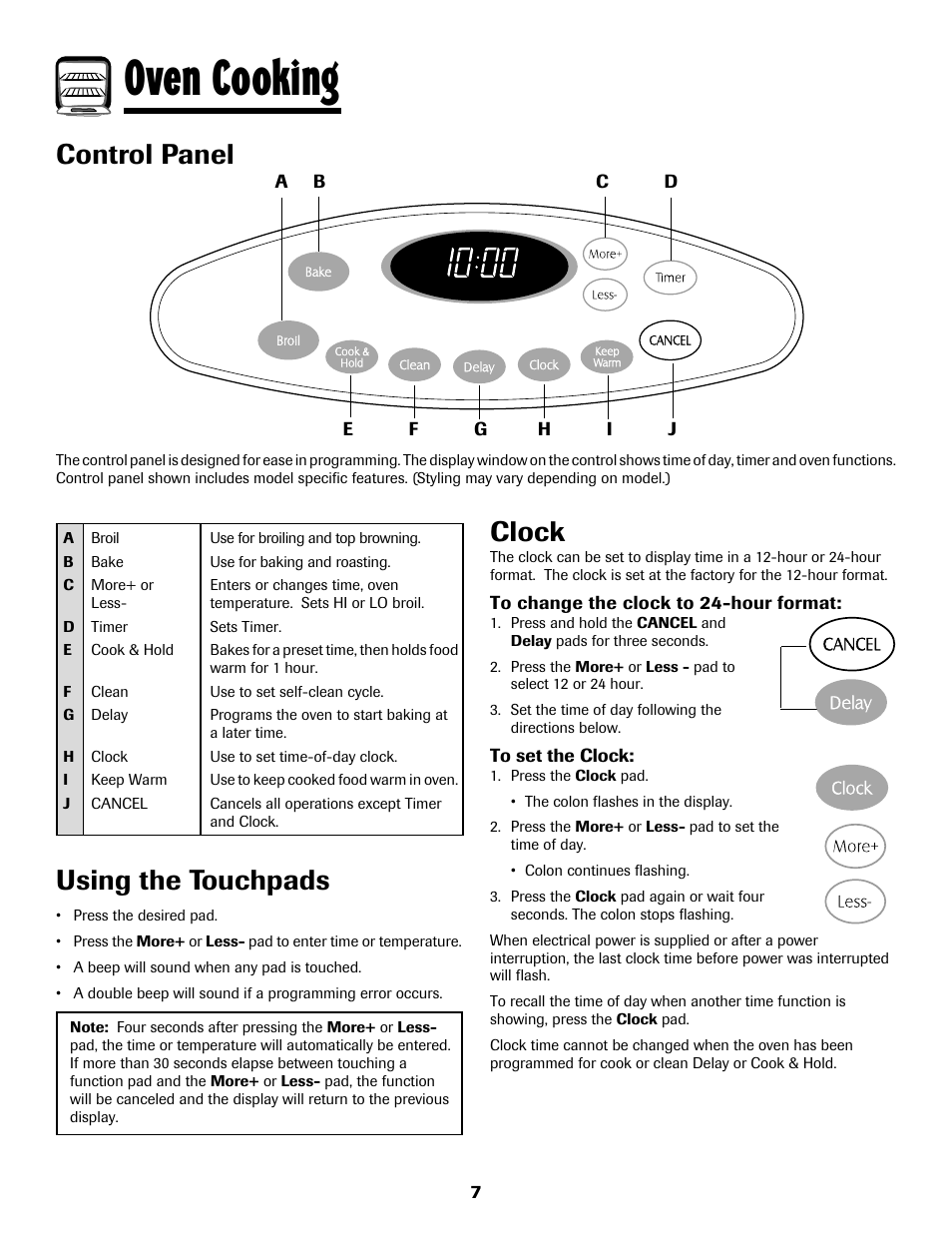 Oven cooking, Control panel, Using the touchpads | Clock | Maytag 8113P768-60 User Manual | Page 8 / 76