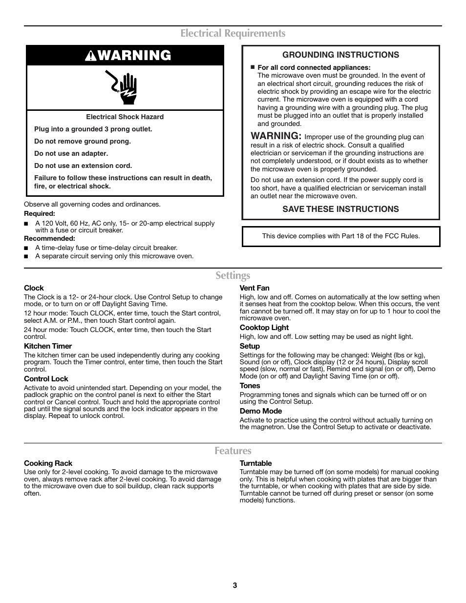 Warning, Electrical requirements, Settings | Features | Maytag W10188231A User Manual | Page 3 / 6