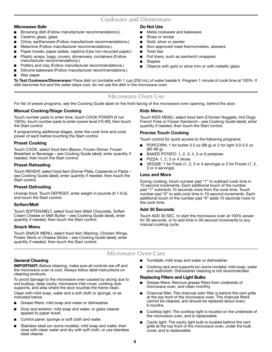 Cookware and dinnerware, Microwave oven use, Microwave oven care | Maytag W10188231A User Manual | Page 4 / 6