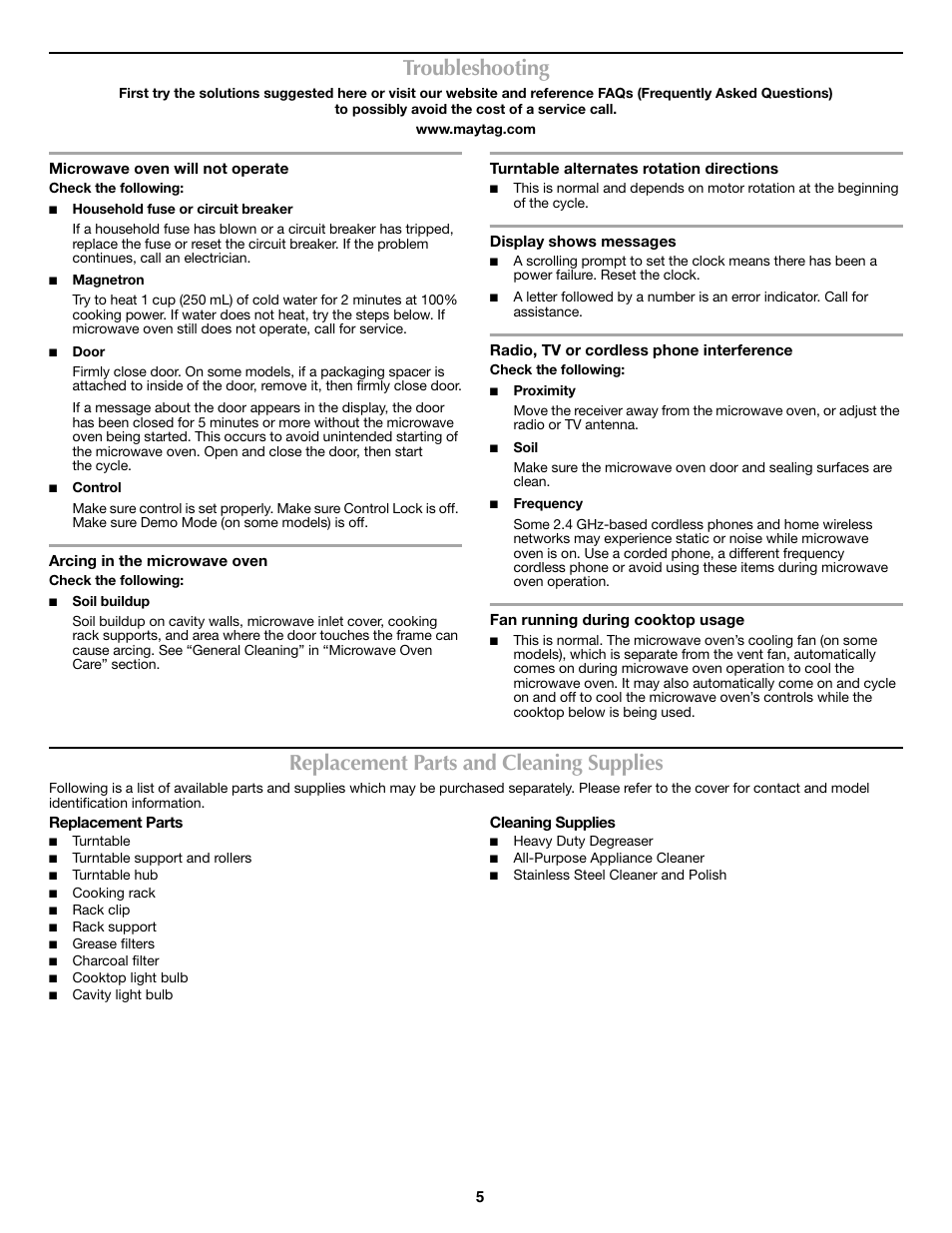 Troubleshooting, Replacement parts and cleaning supplies | Maytag W10188231A User Manual | Page 5 / 6