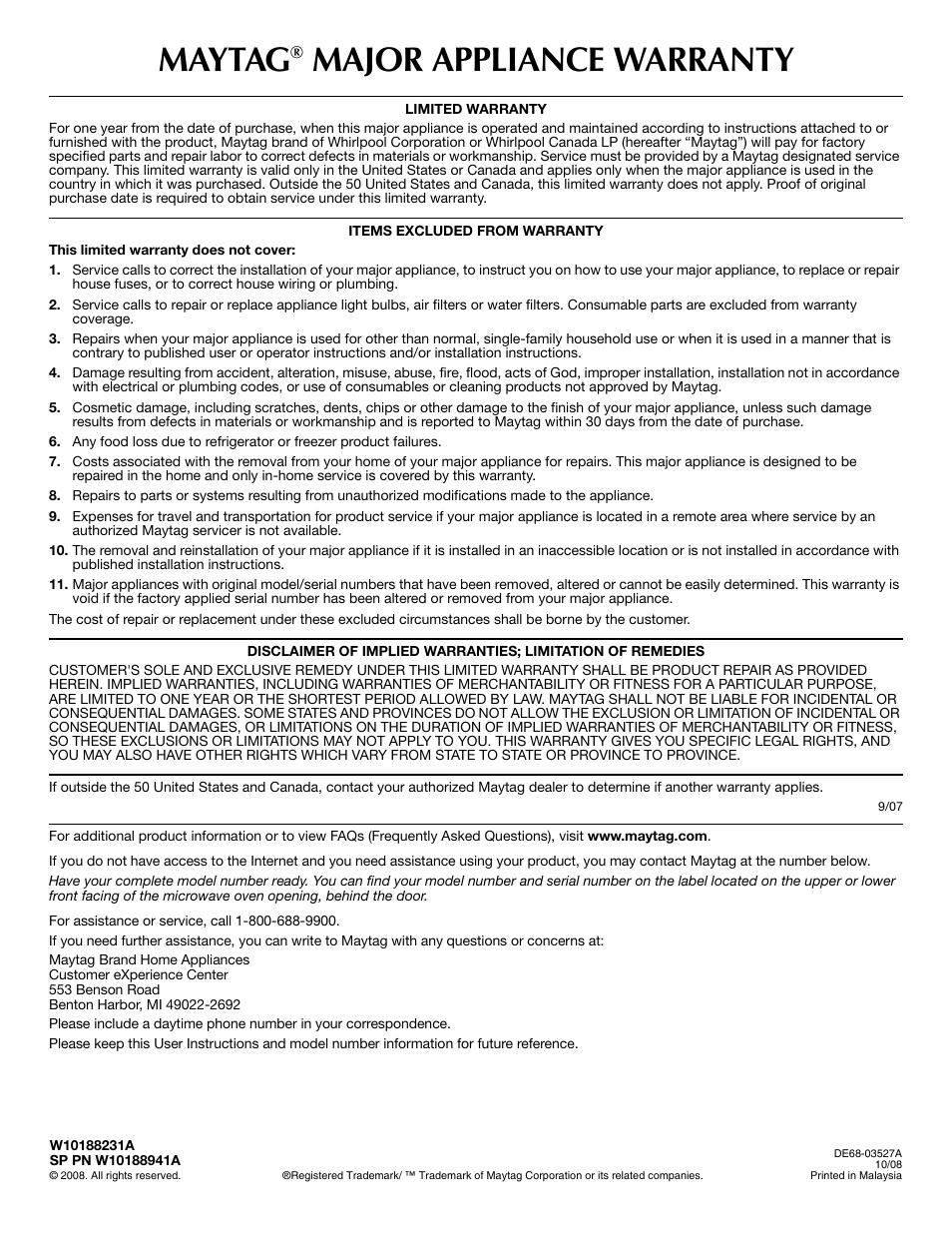Maytag, Major appliance warranty | Maytag W10188231A User Manual | Page 6 / 6