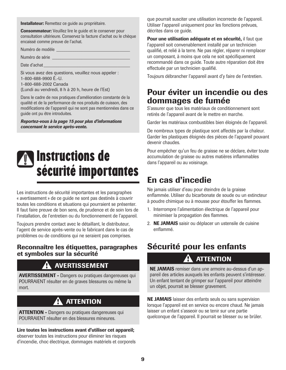 Instructions de sécurité importantes, Pour éviter un incendie ou des dommages de fumée, En cas d’incedie | Sécurité pour les enfants | Maytag MEC4436AAW User Manual | Page 10 / 24