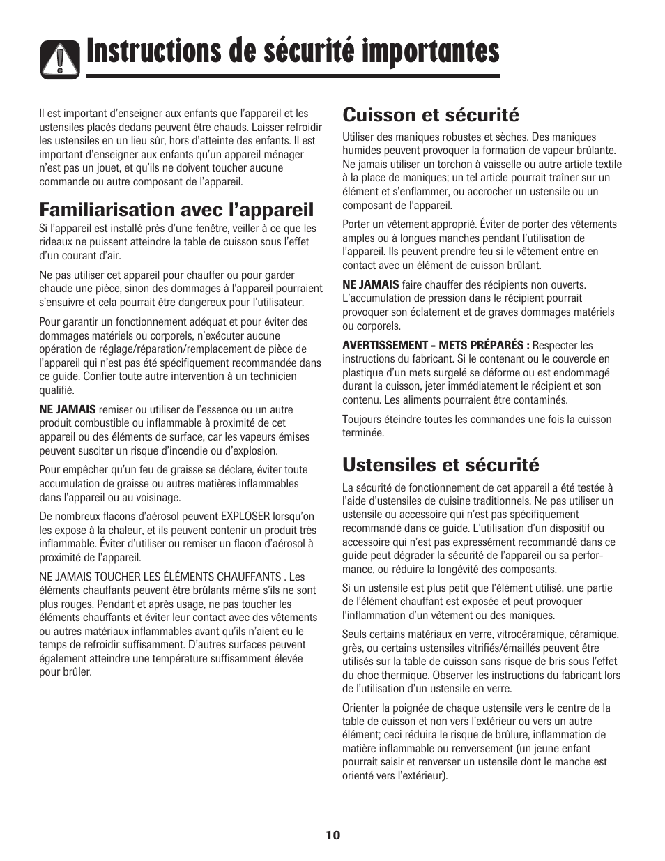 Instructions de sécurité importantes, Familiarisation avec l’appareil, Ustensiles et sécurité | Cuisson et sécurité | Maytag MEC4436AAW User Manual | Page 11 / 24