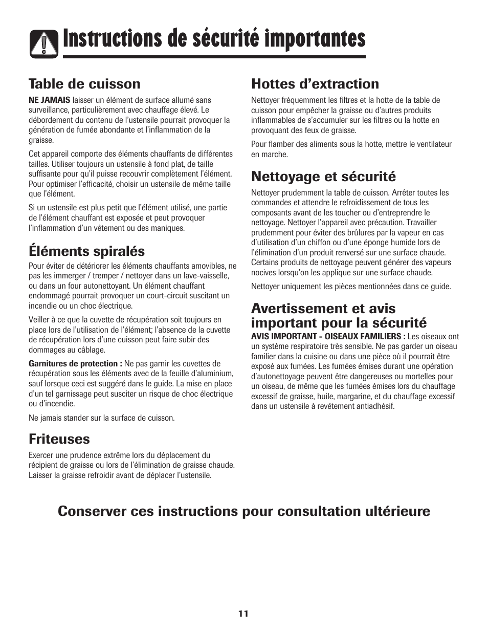 Instructions de sécurité importantes, Table de cuisson, Éléments spiralés | Friteuses, Hottes d’extraction, Nettoyage et sécurité, Avertissement et avis important pour la sécurité | Maytag MEC4436AAW User Manual | Page 12 / 24