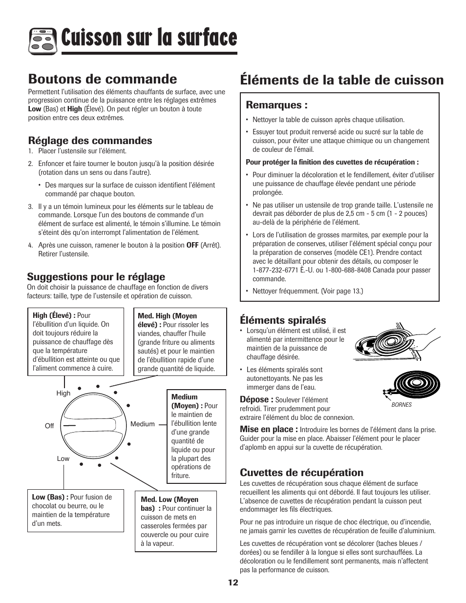 Cuisson sur la surface, Boutons de commande, Éléments de la table de cuisson | Réglage des commandes, Suggestions pour le réglage, Éléments spiralés, Cuvettes de récupération, Remarques | Maytag MEC4436AAW User Manual | Page 13 / 24