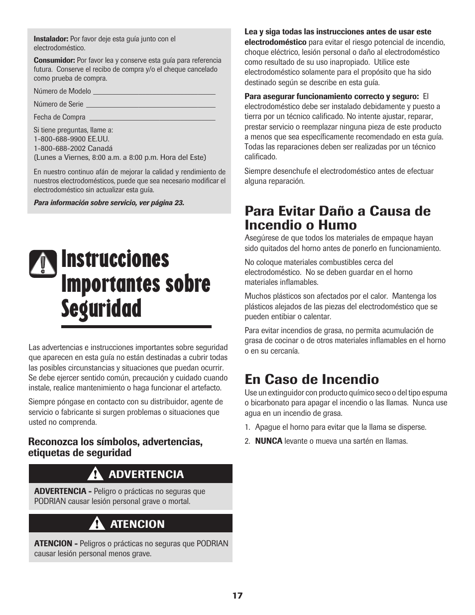 Instrucciones importantes sobre seguridad, Para evitar daño a causa de incendio o humo, En caso de incendio | Maytag MEC4436AAW User Manual | Page 18 / 24