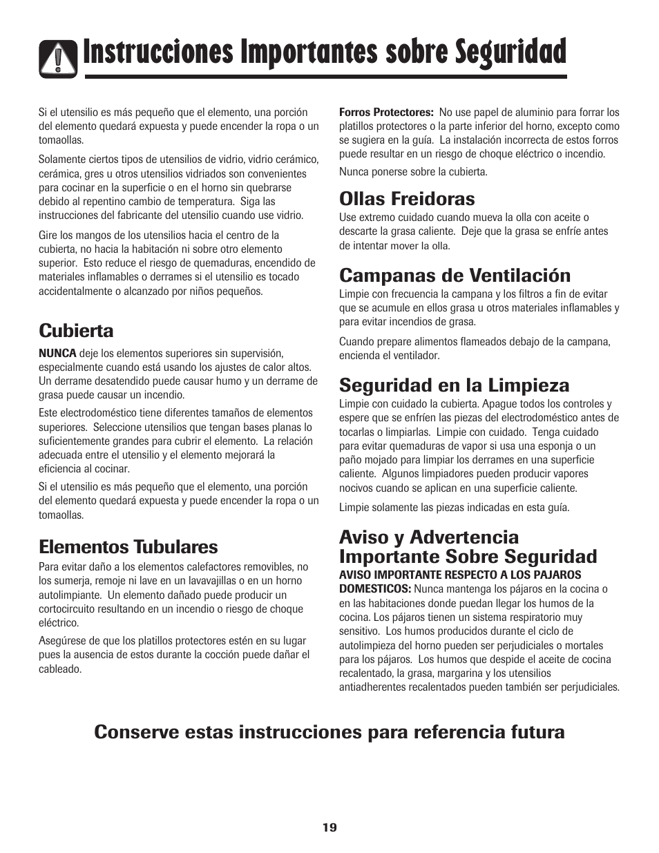 Instrucciones importantes sobre seguridad, Cubierta, Elementos tubulares | Ollas freidoras, Campanas de ventilación, Seguridad en la limpieza, Aviso y advertencia importante sobre seguridad | Maytag MEC4436AAW User Manual | Page 20 / 24