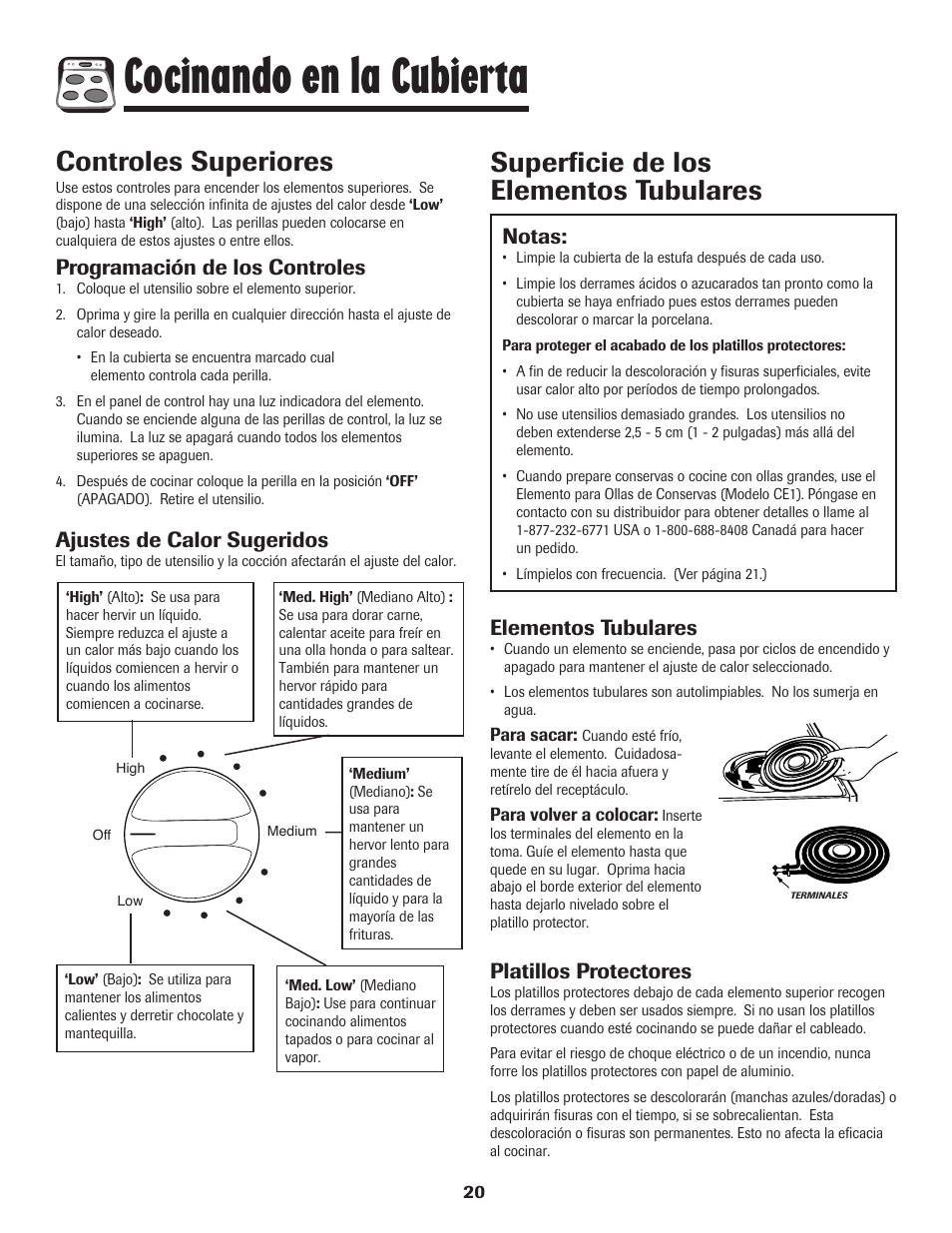 Cocinando en la cubierta, Controles superiores, Superficie de los elementos tubulares | Programación de los controles, Ajustes de calor sugeridos, Elementos tubulares, Platillos protectores, Notas | Maytag MEC4436AAW User Manual | Page 21 / 24