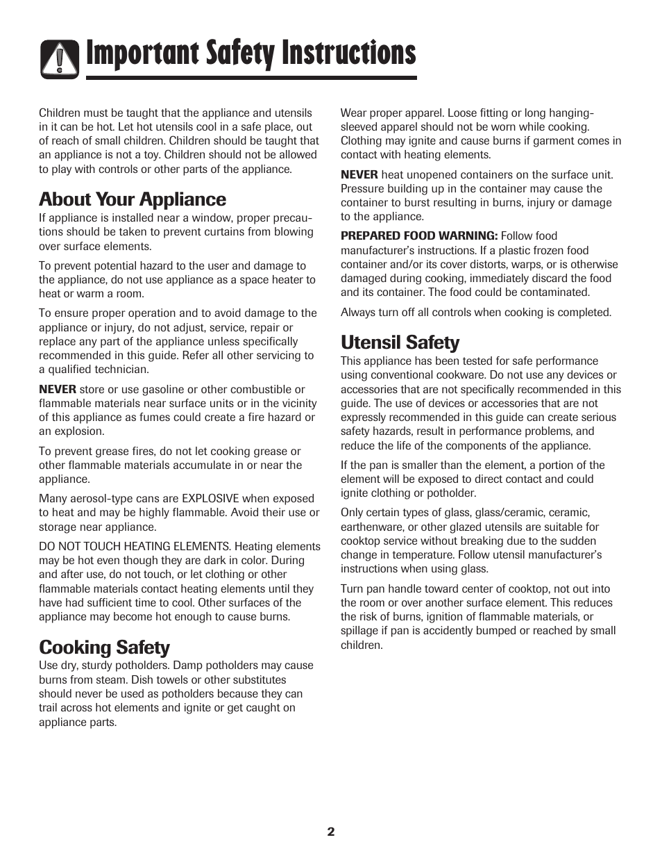 Important safety instructions, About your appliance, Cooking safety | Utensil safety | Maytag MEC4436AAW User Manual | Page 3 / 24