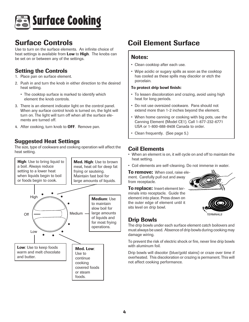 Surface cooking, Surface controls, Coil element surface | Setting the controls, Suggested heat settings, Coil elements, Drip bowls | Maytag MEC4436AAW User Manual | Page 5 / 24