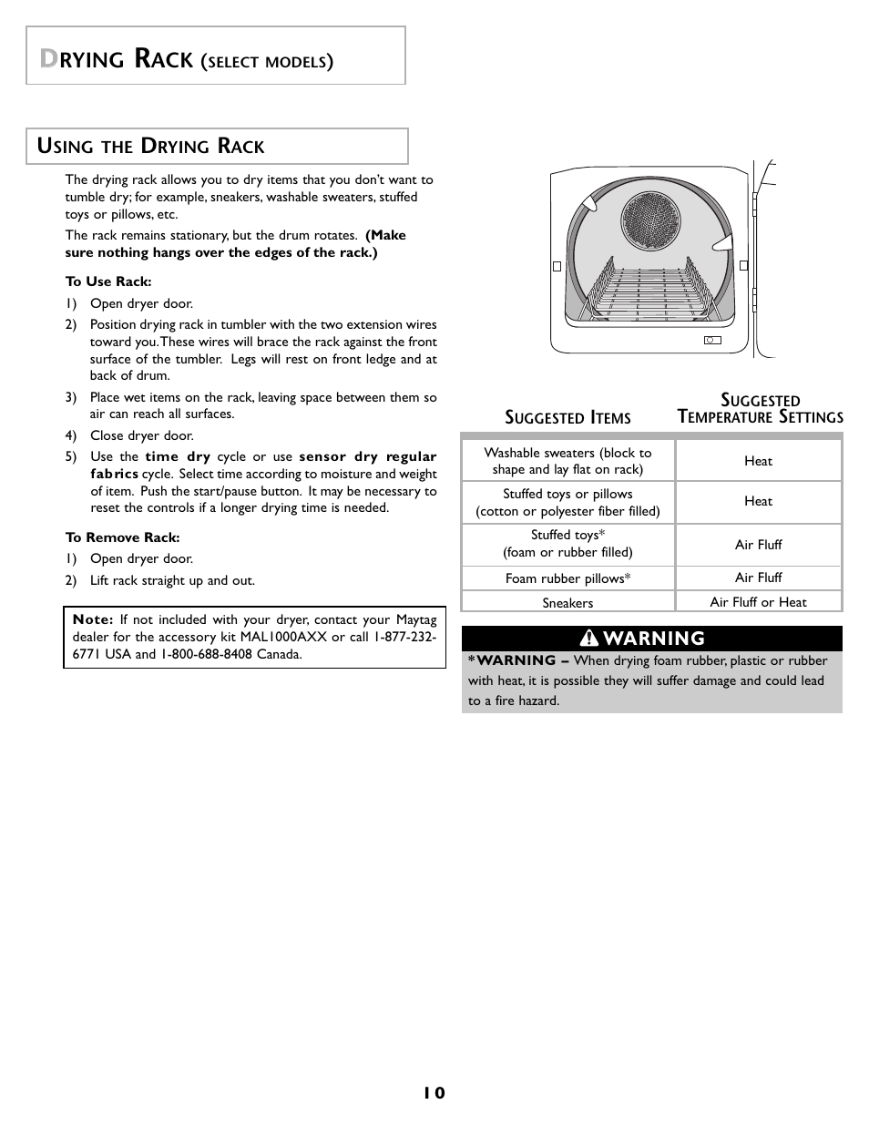 Rying, Warning | Maytag MD55 User Manual | Page 11 / 36