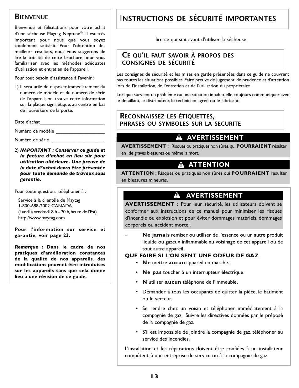 Nstructions de sécurité importantes, Avertissement, Attention | Maytag MD55 User Manual | Page 14 / 36