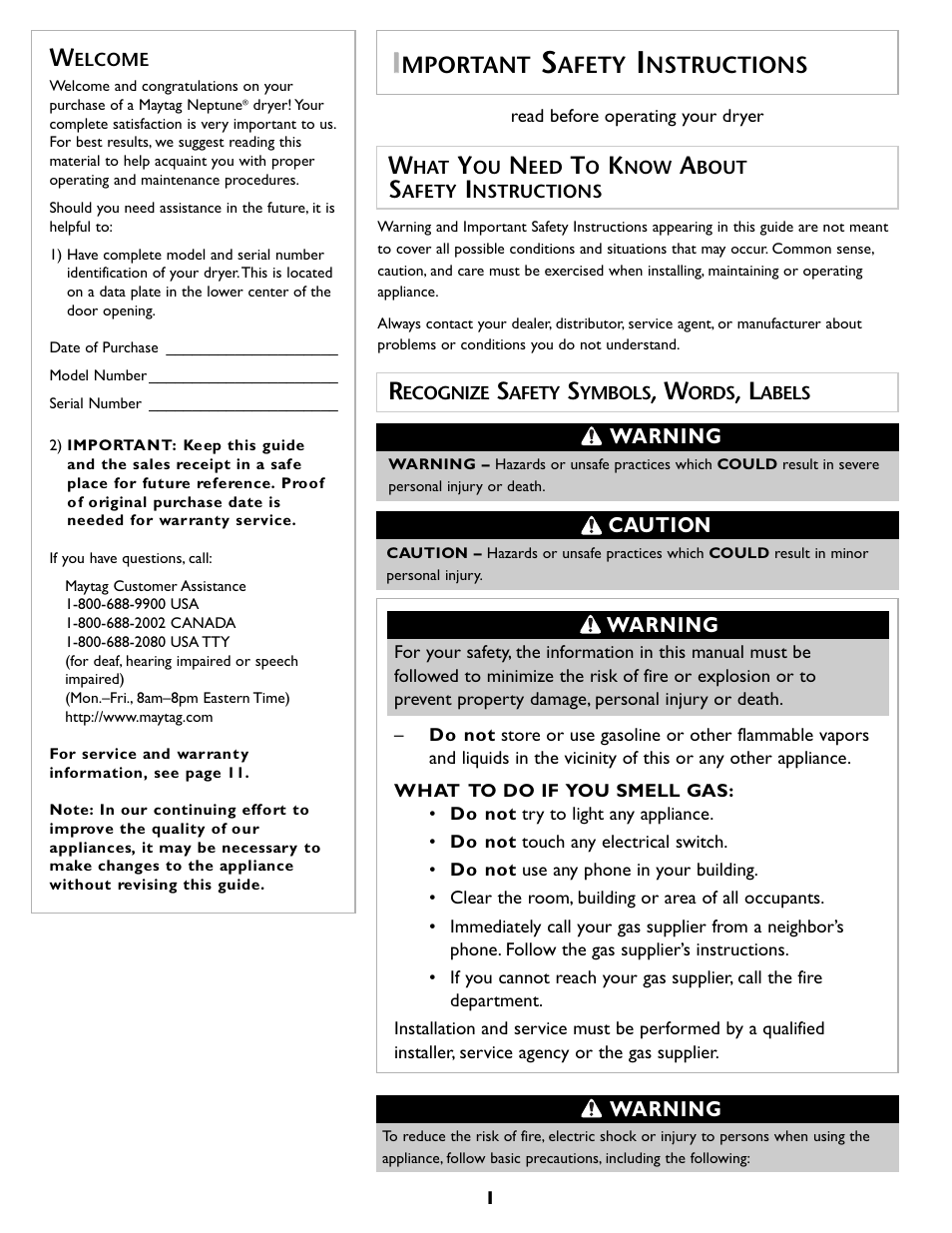 Mportant, Afety, Nstructions | Maytag MD55 User Manual | Page 2 / 36