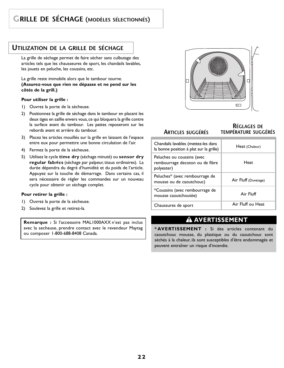 Rille de séchage, Avertissement | Maytag MD55 User Manual | Page 23 / 36