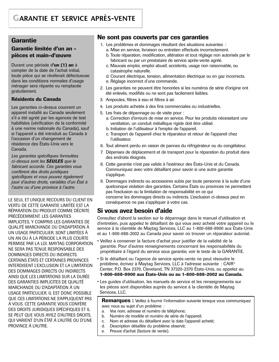 Arantie et service après, Vente, Garantie | Ne sont pas couverts par ces garanties, Si vous avez besoin d’aide | Maytag MD55 User Manual | Page 24 / 36