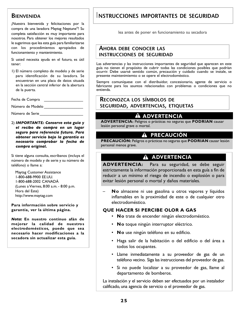 Nstrucciones importantes de seguridad, Advertencia precaución advertencia | Maytag MD55 User Manual | Page 26 / 36