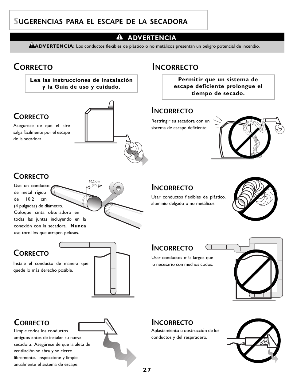 Ugerencias para el escape de la secadora, Orrecto, Ncorrecto | Maytag MD55 User Manual | Page 28 / 36