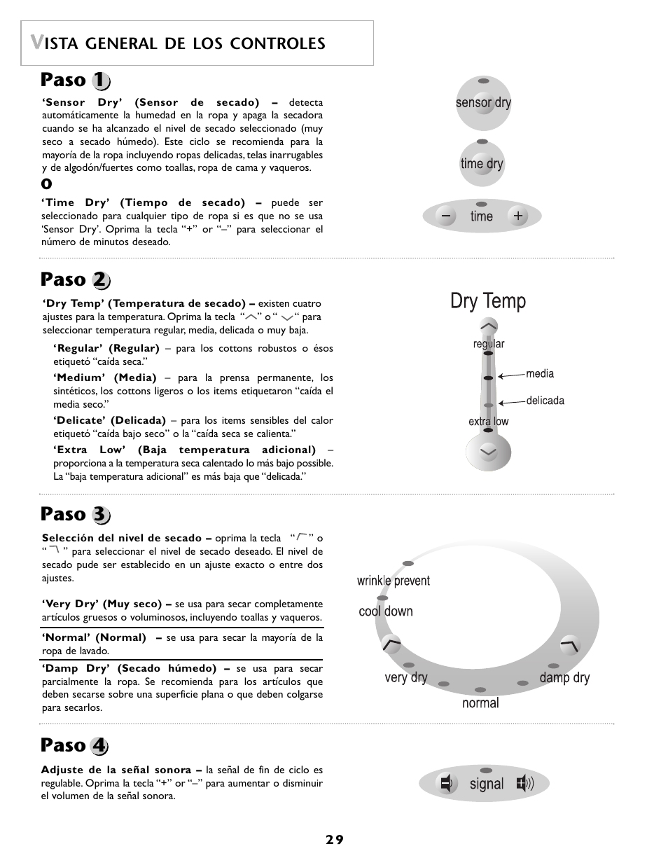 Paso 1, Paso 2 paso 4 paso 3 v v, Ista general de los controles | Maytag MD55 User Manual | Page 30 / 36