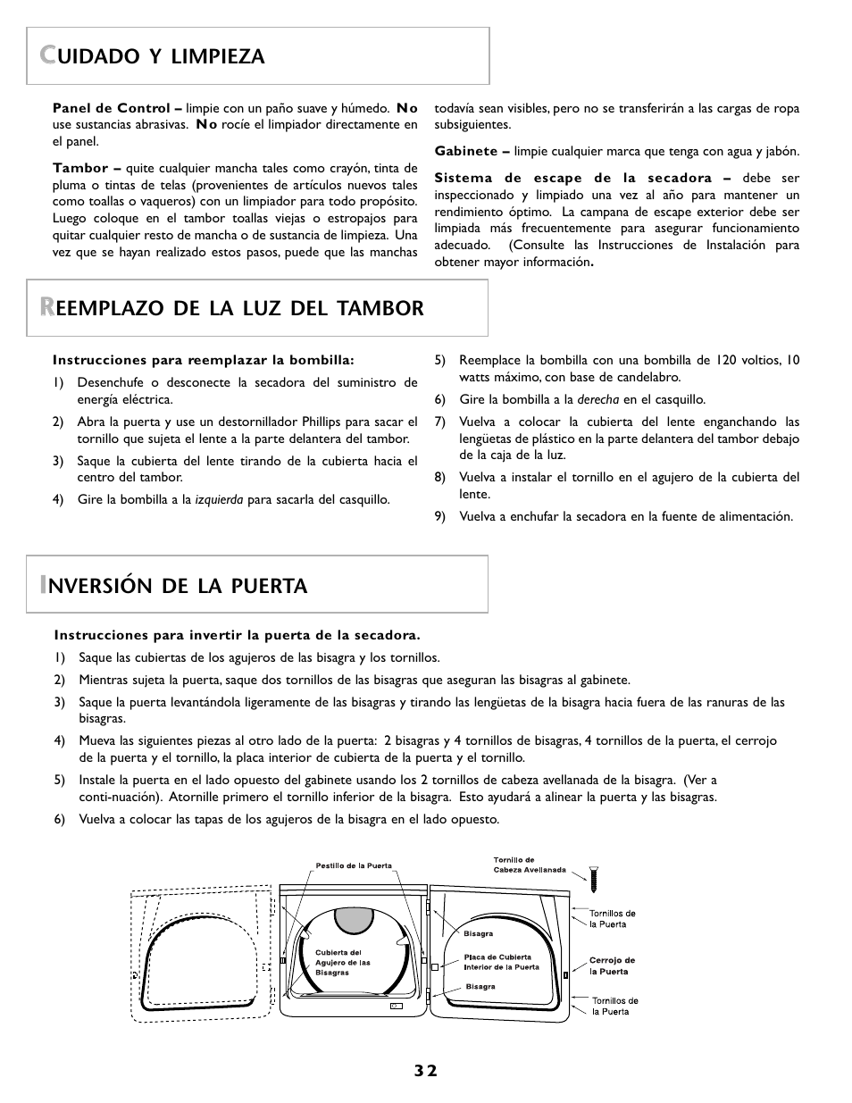 Uidado y limpieza, Eemplazo de la luz del tambor, Nversión de la puerta | Maytag MD55 User Manual | Page 33 / 36